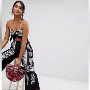 Free People Black & White Paisley Tie-Front Jumpsuit